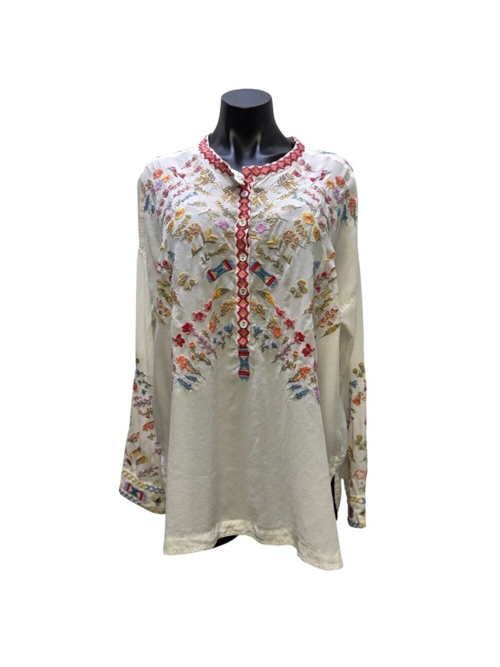 Johnny Was Biya Embroidered Silk Blouse White Multi Size M